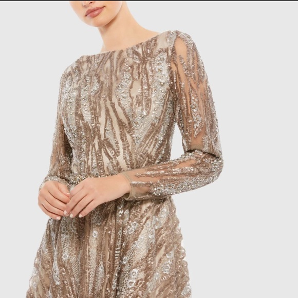 Mac Duggal Dress 79261 Mocha Sequin Long Sleeve Bateau A-Line Size 14 $798 - Picture 2 of 11